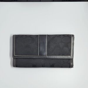 Coach Signature Jacquard & Leather Contrast Stitch Snap Flap Long Wallet